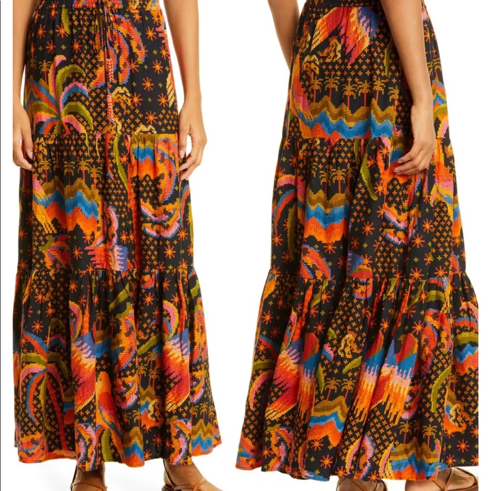 Farm Rio Macaw Island Linen Blend maxi skirt size XS black tropical pattern